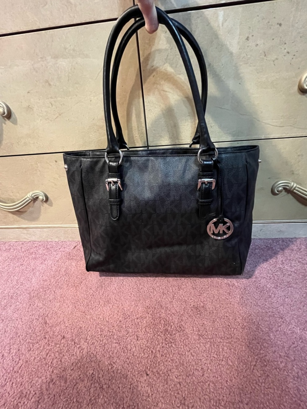 Michael Kors Black Signature Canvas Tote with MK Charm